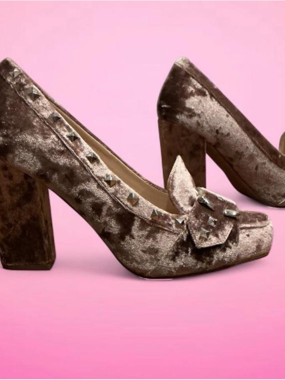 🩷Naughty Monkey Taupe Velvet Studded Block Heel Pumps with Buckle Accent